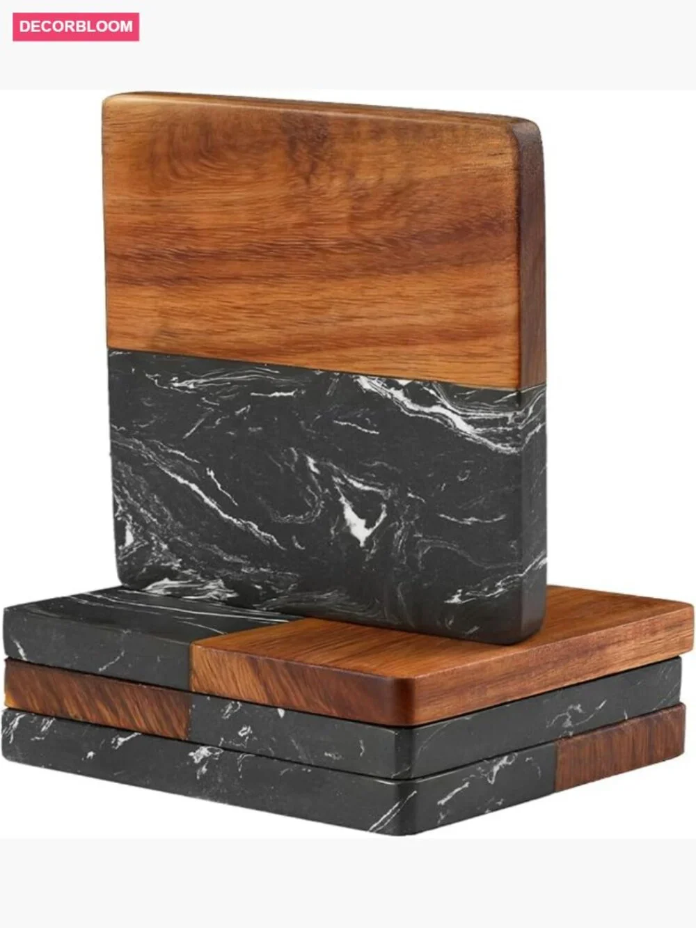 4-Piece Acacia Wood Marble Coasters Set for Kitchen Office
